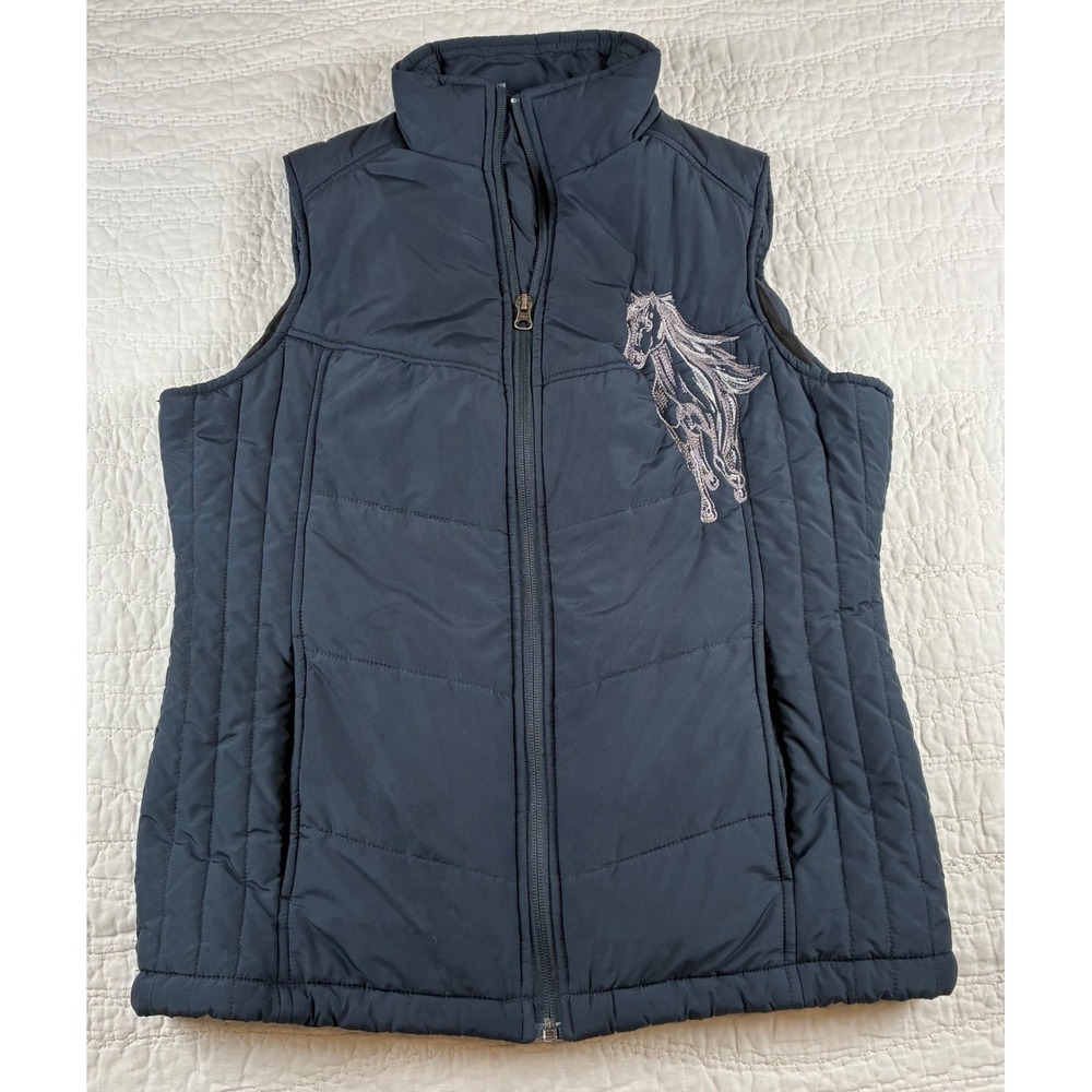Port Authority Puffer Vest Women XS Navy Blue Horse Embroidery Equestrian Cowgir